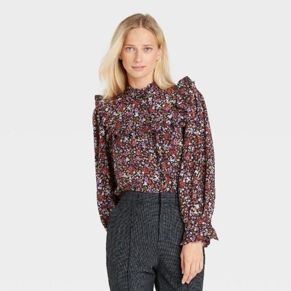 Who What Wear Womens Top Medium Blouse Floral Long Sleeve Button Down Ruffle New - Picture 13 of 13